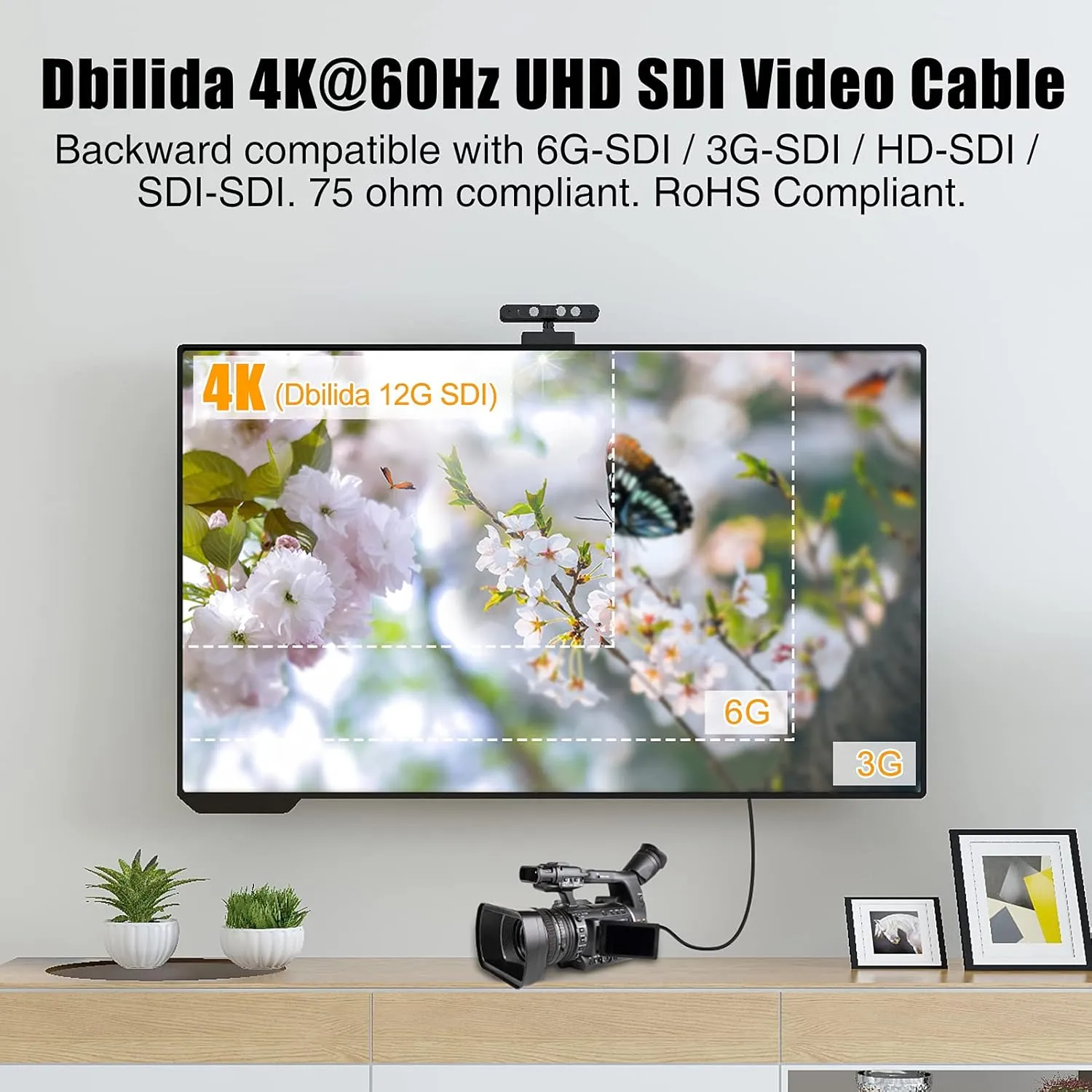 100 ft SDI Video Cable, 4K@60Hz, Supports 12G/6G/3G/HD-SDI, 75ohm BNC, Perfect for Blackmagic SDI Converter & Video Security Camera