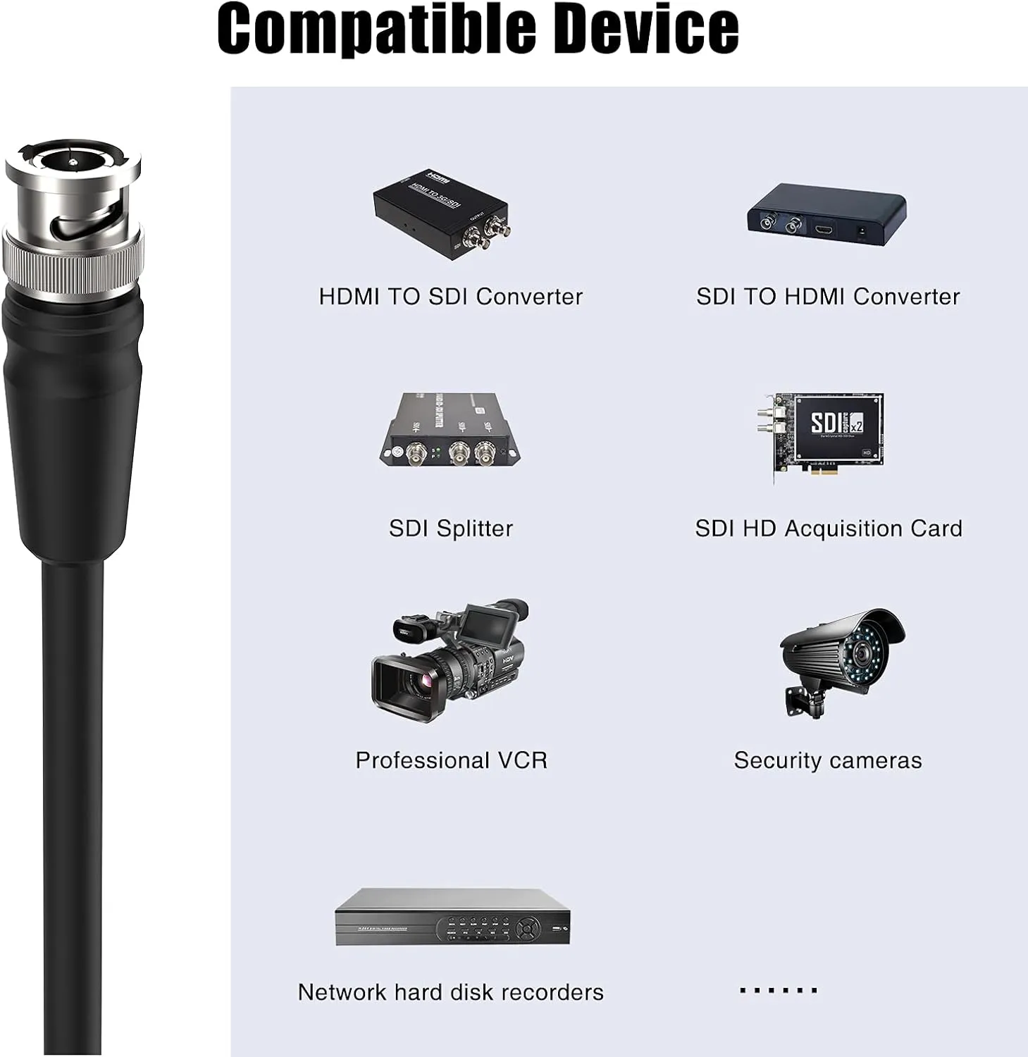 100 ft SDI Video Cable, 4K@60Hz, Supports 12G/6G/3G/HD-SDI, 75ohm BNC, Perfect for Blackmagic SDI Converter & Video Security Camera