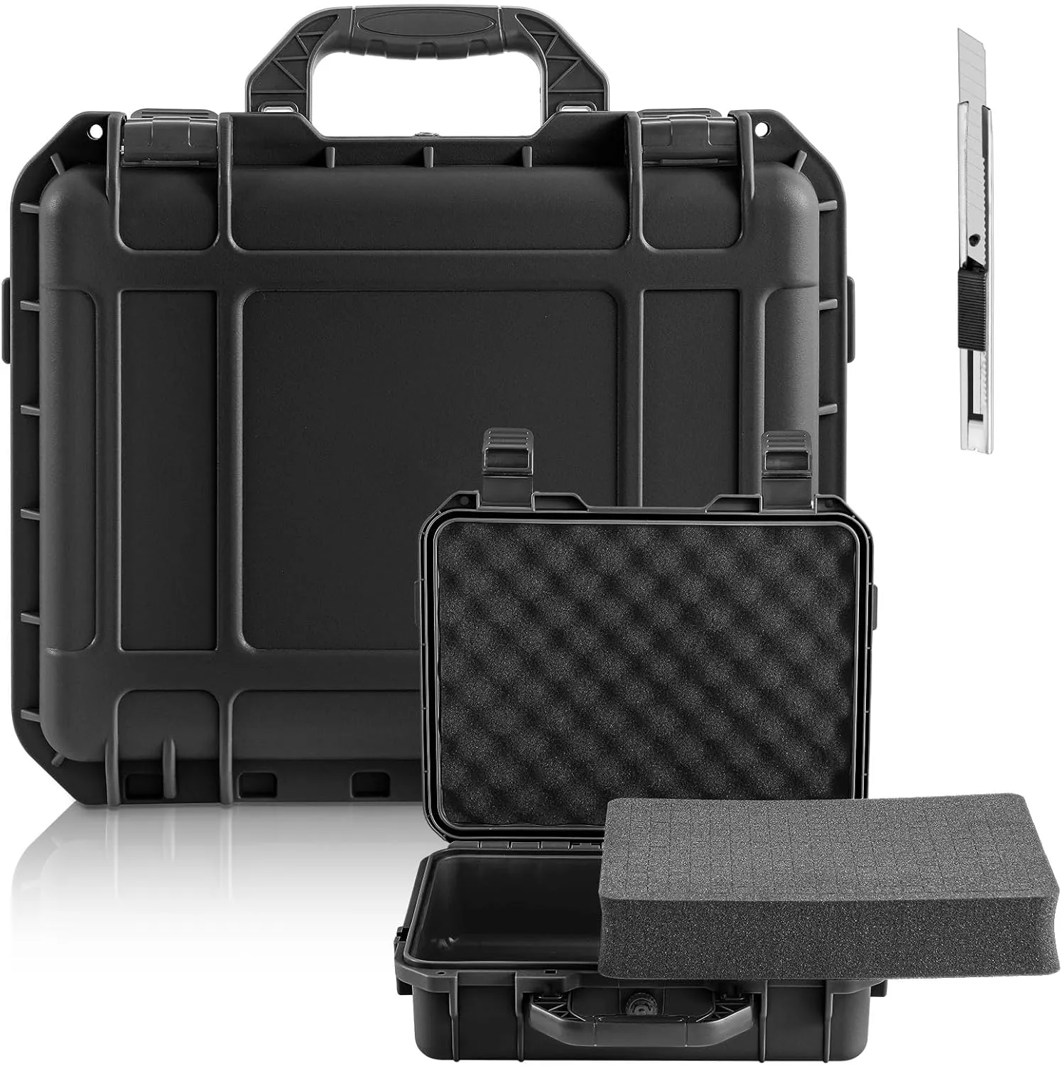 14.3 x 11.4 x 4.5 Inch Waterproof Hard Case with DIY Customizable Foam Insert Portable Protective Case with Knife for Camera Drones Equipments Tools Test Instruments (Black)