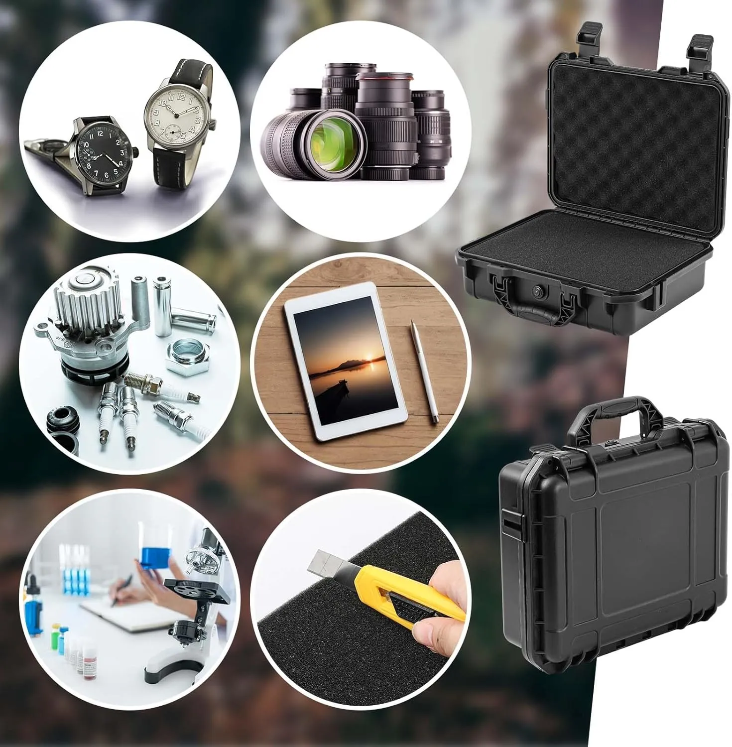 14.3 x 11.4 x 4.5 Inch Waterproof Hard Case with DIY Customizable Foam Insert Portable Protective Case with Knife for Camera Drones Equipments Tools Test Instruments (Black)