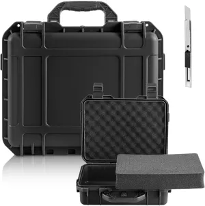 14.3 x 11.4 x 4.5 Inch Waterproof Hard Case with DIY Customizable Foam Insert Portable Protective Case with Knife for Camera Drones Equipments Tools Test Instruments (Black)