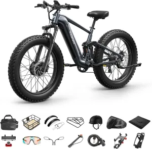 1600W Dual Motor Electric Bike for Adults  Grade A Luxury Accessory Pack, Full Suspension 26" Fat Tire E Bike, 28MPH 80Miles Range Mountain Electric Bicycle, 7 Speed, GoldenR