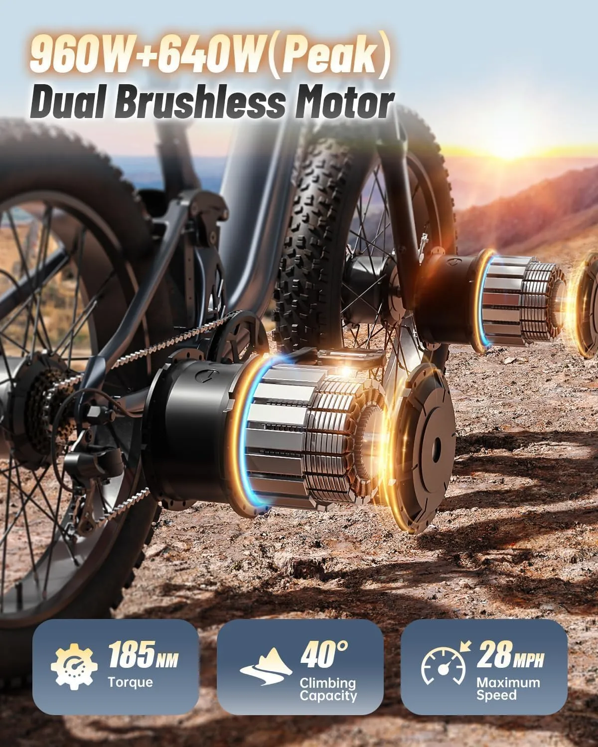 1600W Dual Motor Electric Bike for Adults  Grade A Luxury Accessory Pack, Full Suspension 26" Fat Tire E Bike, 28MPH 80Miles Range Mountain Electric Bicycle, 7 Speed, GoldenR