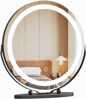 19-Inch Round LED Vanity Mirror with Aluminum Alloy Frame and Glass, Smart Touch Control, 3-Color Dimmable Lighting, 360° Rotatable Light-Up Makeup Mirrors for Bedroom Living Room, Black