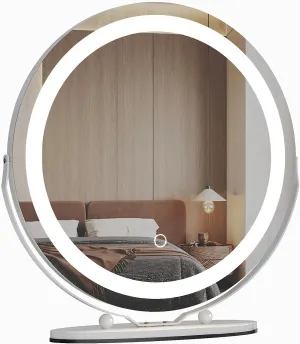 19-Inch Round LED Vanity Mirror with Aluminum Alloy Frame and Glass, Smart Touch Control, 3-Color Dimmable Lighting, 360° Rotatable Light-Up Makeup Mirrors for Bedroom Living Room, White