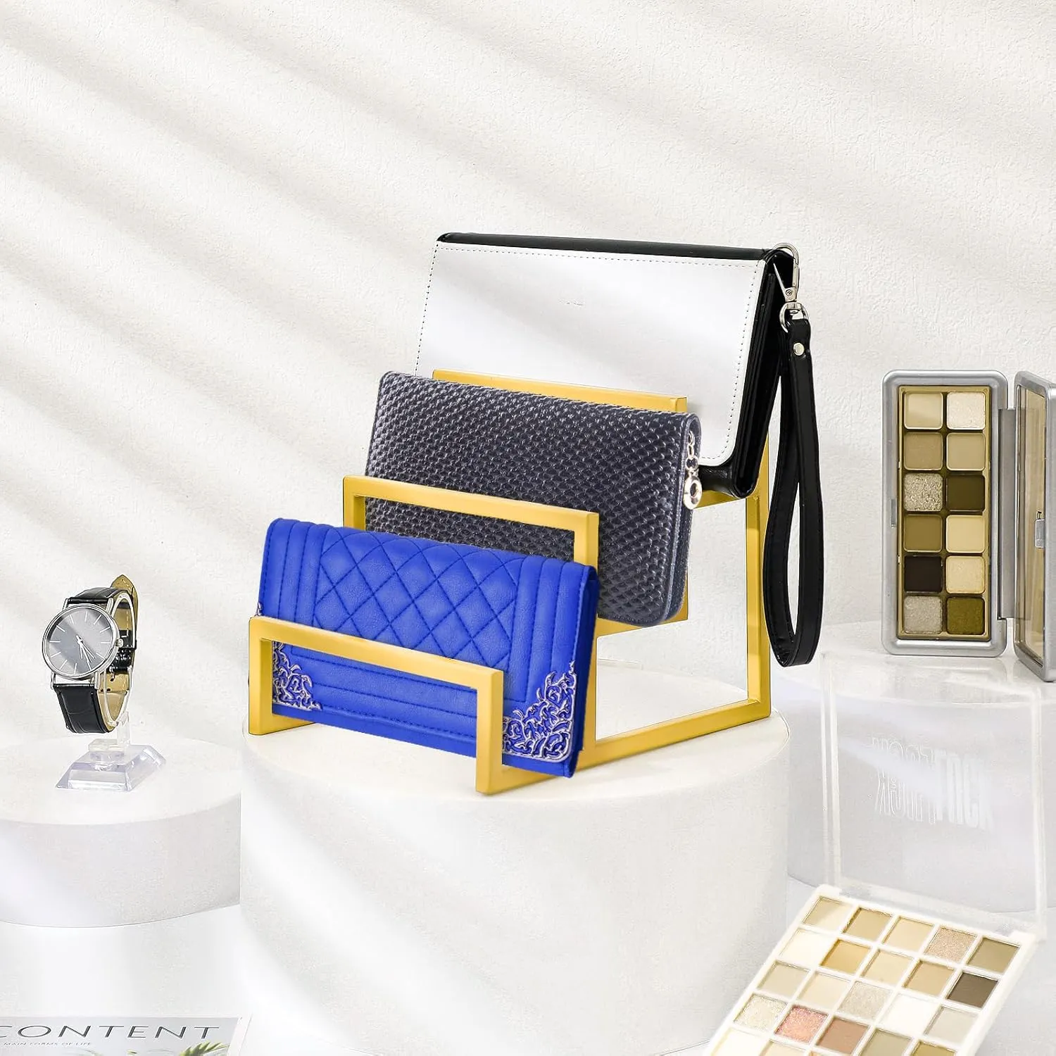 2 Pack Purse Organizer for Closet Display 3 Layer Gold Riser Stand Clutch Purse Organizer Display Metal Wallet Rack for Handbag Home Retail Boutique Store Supplies
