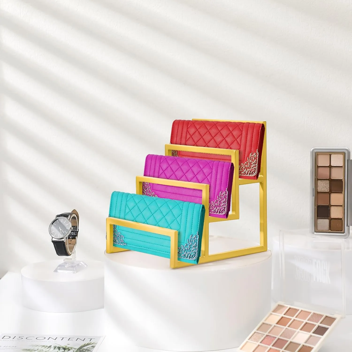 2 Pack Purse Organizer for Closet Display 3 Layer Gold Riser Stand Clutch Purse Organizer Display Metal Wallet Rack for Handbag Home Retail Boutique Store Supplies