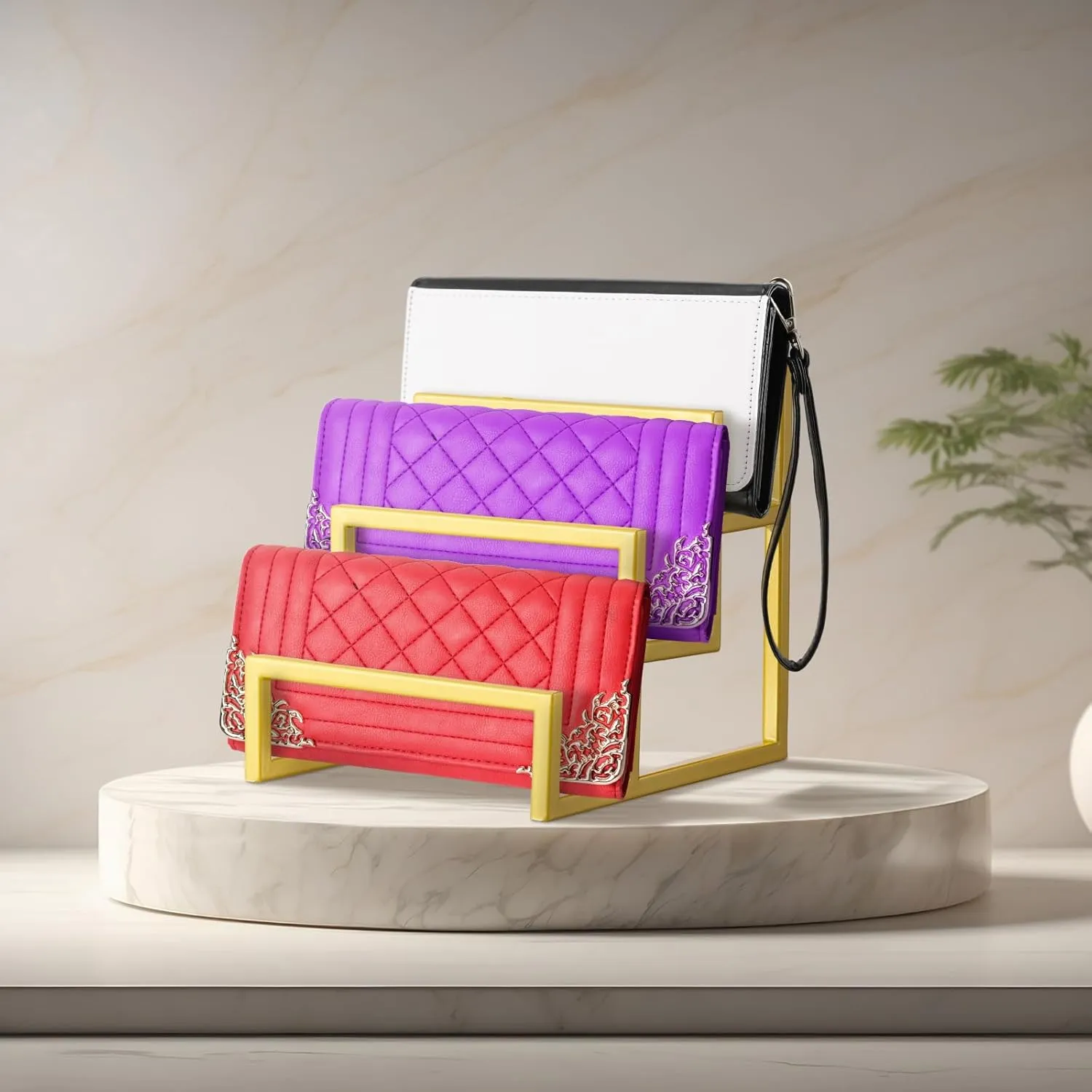 2 Pack Purse Organizer for Closet Display 3 Layer Gold Riser Stand Clutch Purse Organizer Display Metal Wallet Rack for Handbag Home Retail Boutique Store Supplies