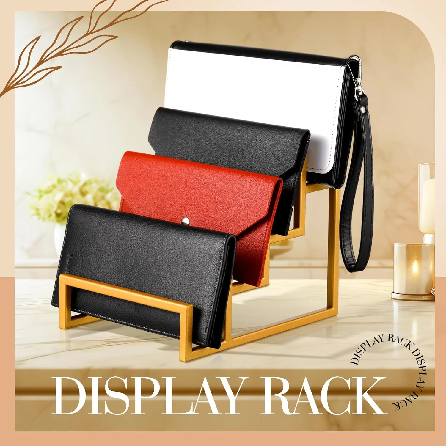 2 Pack Purse Organizer for Closet Display 4 Layer Gold Riser Stand Clutch Purse Organizer Display Metal Wallet Rack for Handbag Home Retail Boutique Store Supplies