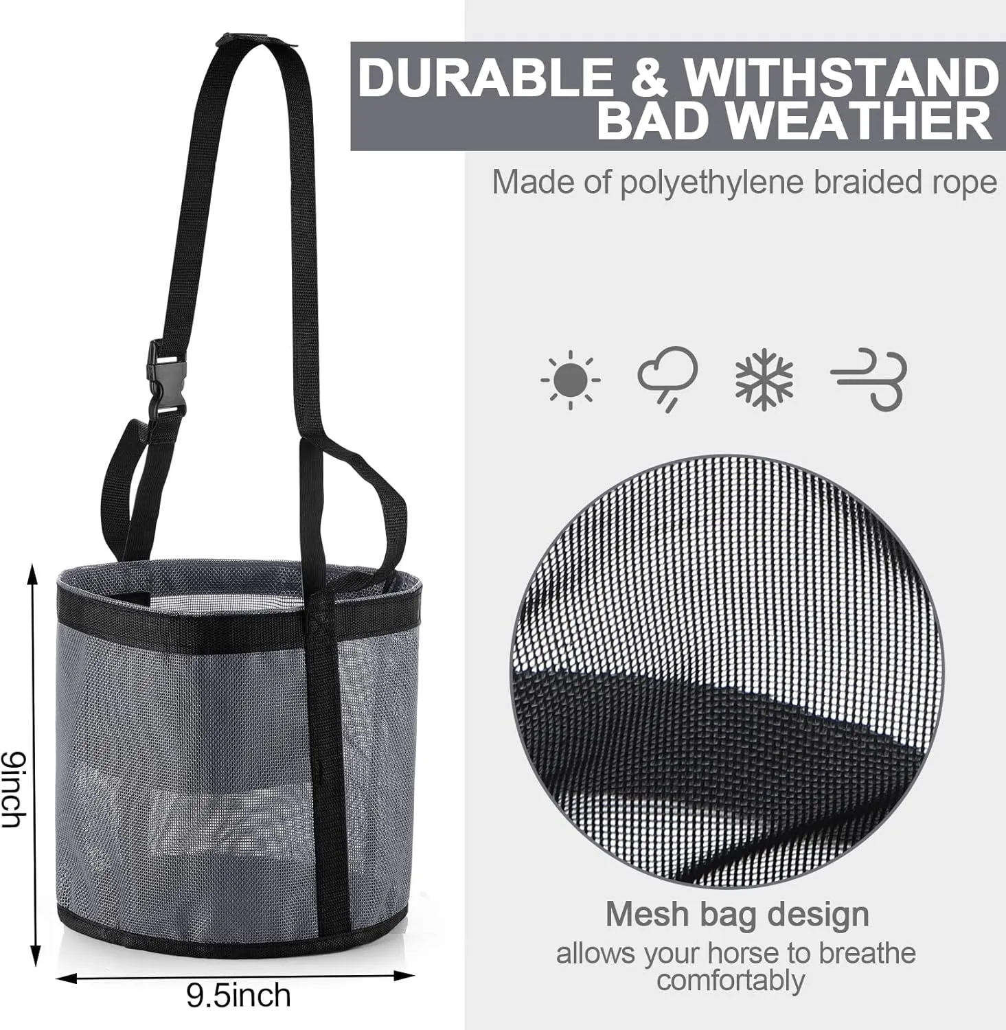 2 Pcs Horse Feed Bags for Grain Horse Feed Bucket with Adjustable Strap and Waterproof Bottom for Horse Feeding (Black and Gray)