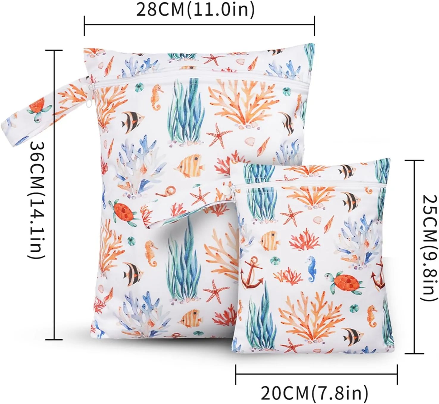 2 Pcs Wet Bags Waterproof Reusable Zippered Pocket Cloth Diaper Wet Dry Bags for Travel Beach Pool Swim, Baby Diapers,Gym Yoga Wet Clothes,Swimsuit,water wipes (Marine Organism)