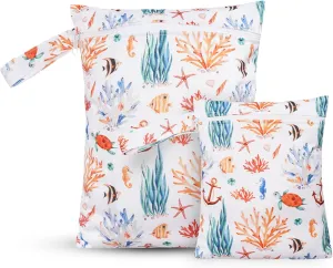 2 Pcs Wet Bags Waterproof Reusable Zippered Pocket Cloth Diaper Wet Dry Bags for Travel Beach Pool Swim, Baby Diapers,Gym Yoga Wet Clothes,Swimsuit,water wipes (Marine Organism)