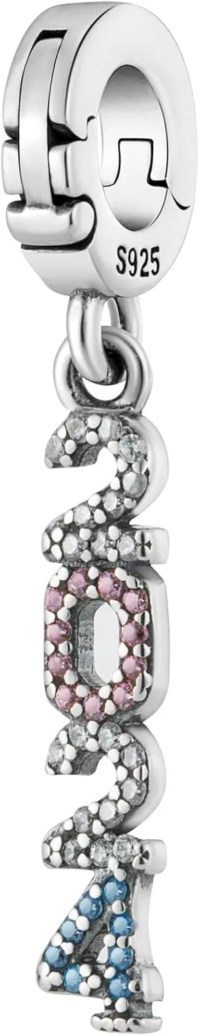 2024 New Years Red White Blue CZ Clip On Open Clasp Pendant 925 Sterling Silver Charm For Pandora & Other Link Charm Bracelets/Necklaces