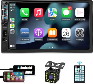 2025 7-inch Wireless CarPlay & Android Auto Double Din Car Stereo with Bluetooth, USB/SD/AUX Input, FM, SWC, Subwoofer Support -HD Touchscreen Radio for Seamless Car Audio Integration