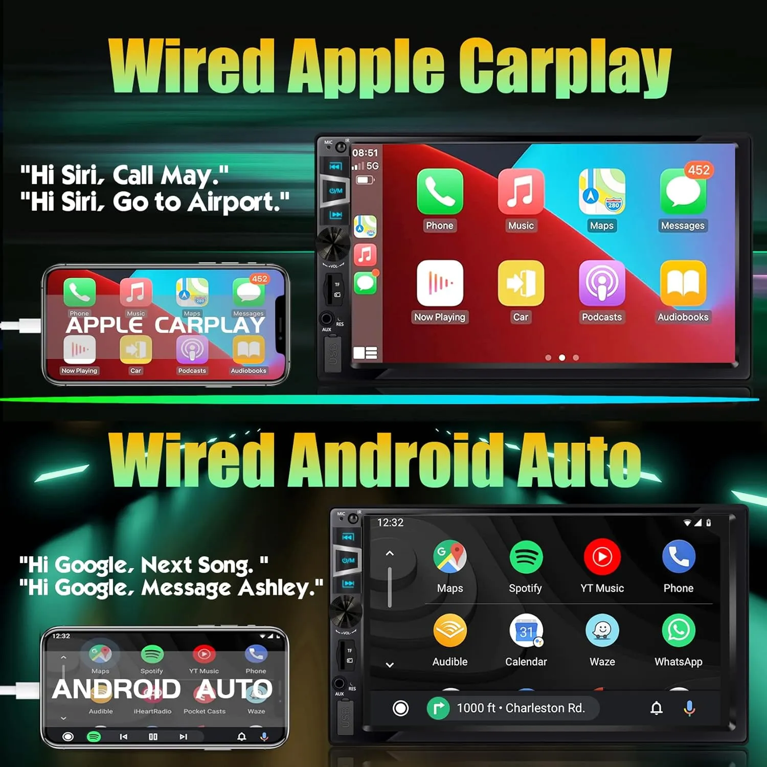 2025 7-inch Wireless CarPlay & Android Auto Double Din Car Stereo with Bluetooth, USB/SD/AUX Input, FM, SWC, Subwoofer Support -HD Touchscreen Radio for Seamless Car Audio Integration