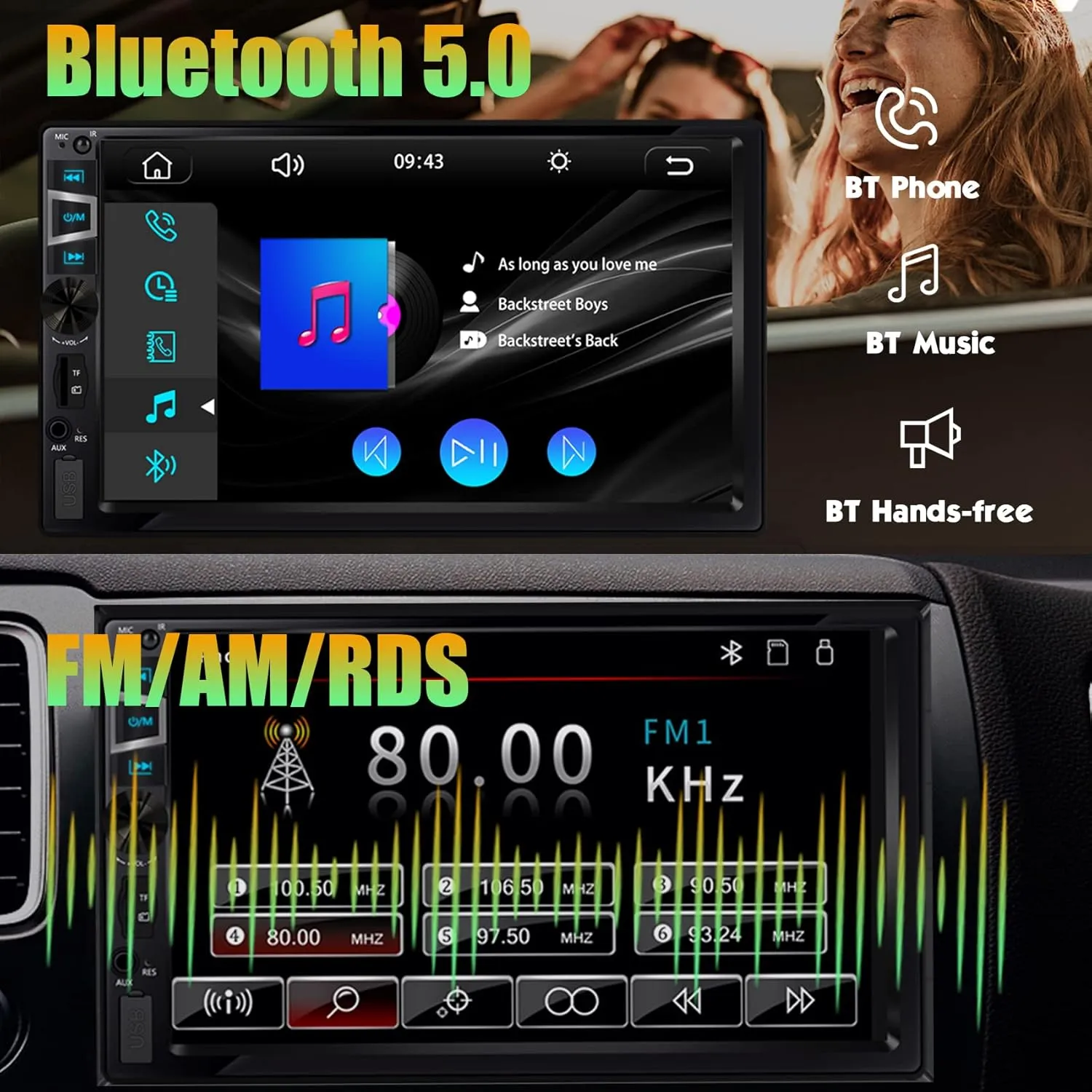 2025 7-inch Wireless CarPlay & Android Auto Double Din Car Stereo with Bluetooth, USB/SD/AUX Input, FM, SWC, Subwoofer Support -HD Touchscreen Radio for Seamless Car Audio Integration