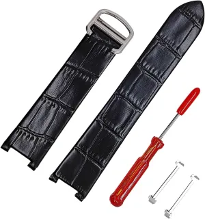 20mm Black Leather Watch Band Strap 18mm Deployment Buckle Screw Tube Kit Compatible with Pasha De Cartier Series