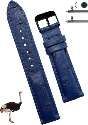 20mm Navy Blue Ostrich Leather Watch Band Men Quick Release Replacement Strap Extra Soft Handmade Wristband Stainless Steel Buckle, Father's Day Gift for Dad Son Husband DH-184B-20MM
