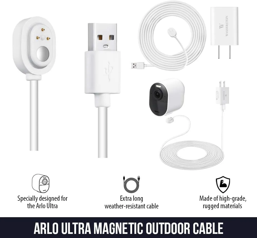 25ft/7.6m Weatherproof Outdoor Charging Cable with Quick Charge Adapter Compatible with Arlo Ultra/Ultra 2/Pro 3/Pro 4/Pro 5s (2 Pack, White) (NOT Compatible with Arlo Essential Spotlight)