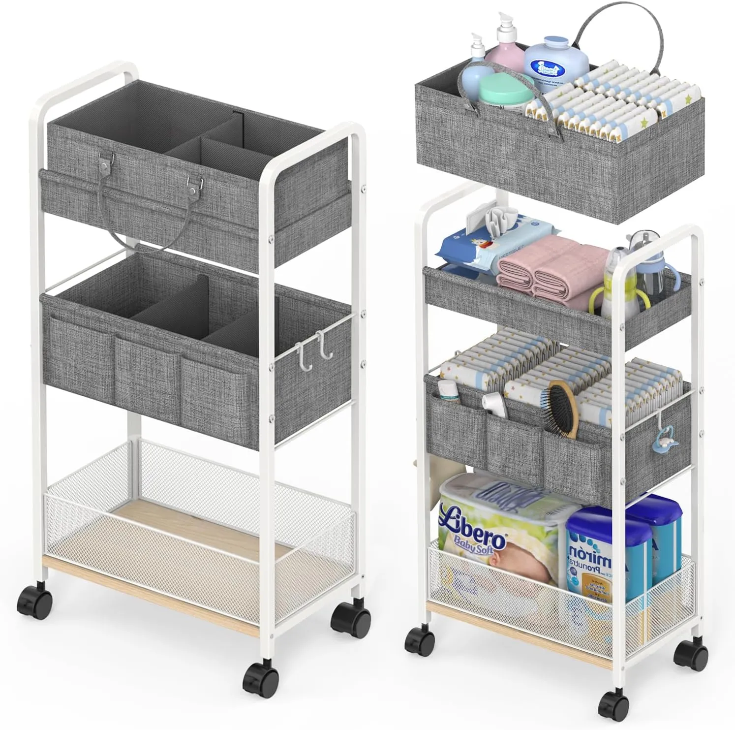 2In1 Baby Diaper Caddy & 3-Tier Rolling Diaper Cart, Diaper Caddy Organizer Cart with Dividers, Metal Detachable Bedside Cart for Baby Nursery Essentials, Large Capacity, Easy to Assemble, White