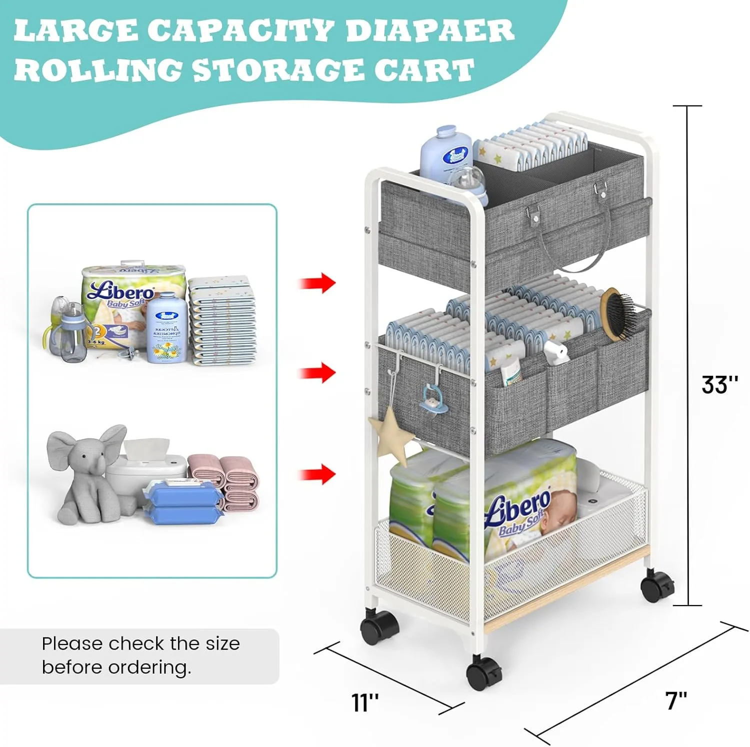 2In1 Baby Diaper Caddy & 3-Tier Rolling Diaper Cart, Diaper Caddy Organizer Cart with Dividers, Metal Detachable Bedside Cart for Baby Nursery Essentials, Large Capacity, Easy to Assemble, White