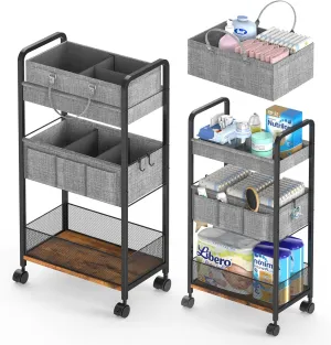 2In1 Baby Diaper Caddy & 3-Tier Rolling Diaper Cart, Diaper Caddy Organizer Cart with Dividers, Mobile Metal Utility Cart for Nursery Essentials, Detachable Bedside Cart, Large Capacity