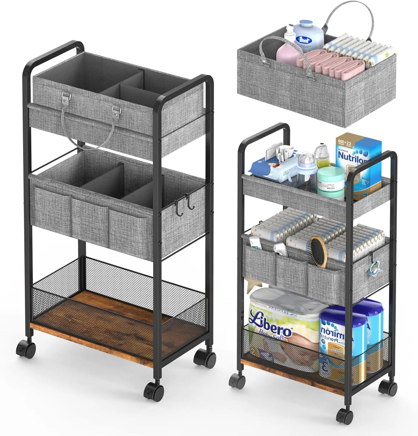 2In1 Baby Diaper Caddy & 3-Tier Rolling Diaper Cart, Diaper Caddy Organizer Cart with Dividers, Mobile Metal Utility Cart for Nursery Essentials, Detachable Bedside Cart, Large Capacity
