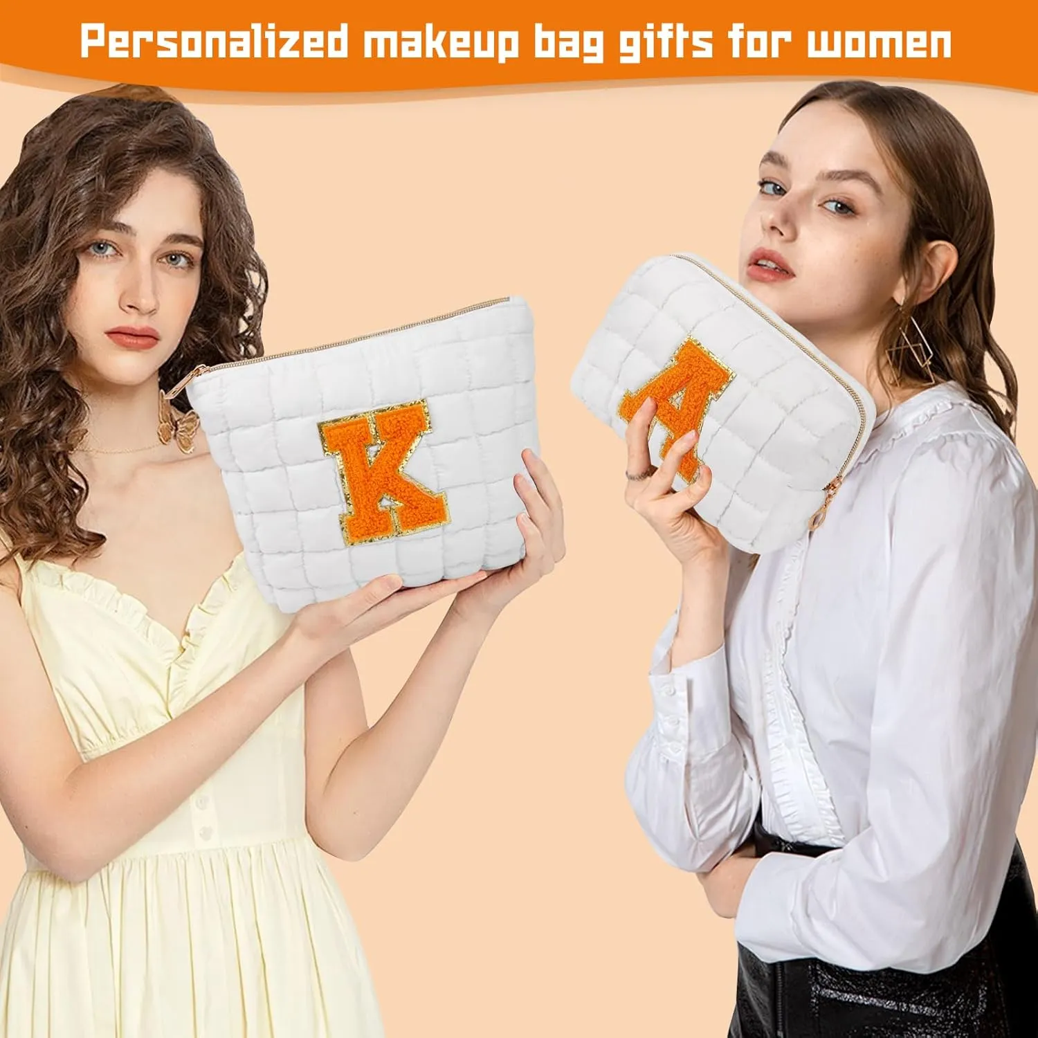 2PCS Initial Checkered Makeup Bag, Quilted Cosmetic Bag, Cute Make up Pouch for Purse, Travel Toiletry Storage Bag for Women Preppy Teen Girls Gift Trendy Stuff Gift (White M)