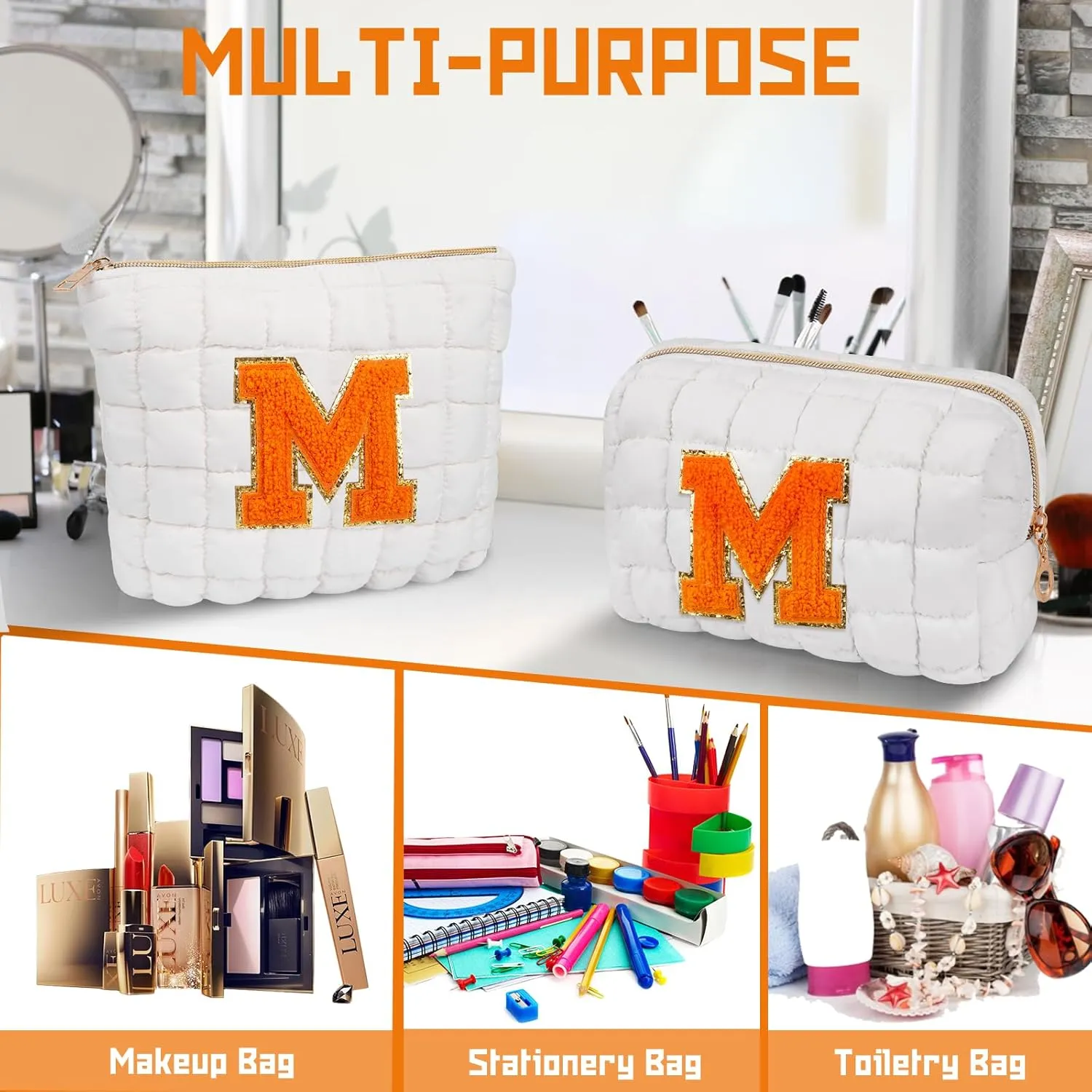 2PCS Initial Checkered Makeup Bag, Quilted Cosmetic Bag, Cute Make up Pouch for Purse, Travel Toiletry Storage Bag for Women Preppy Teen Girls Gift Trendy Stuff Gift (White M)