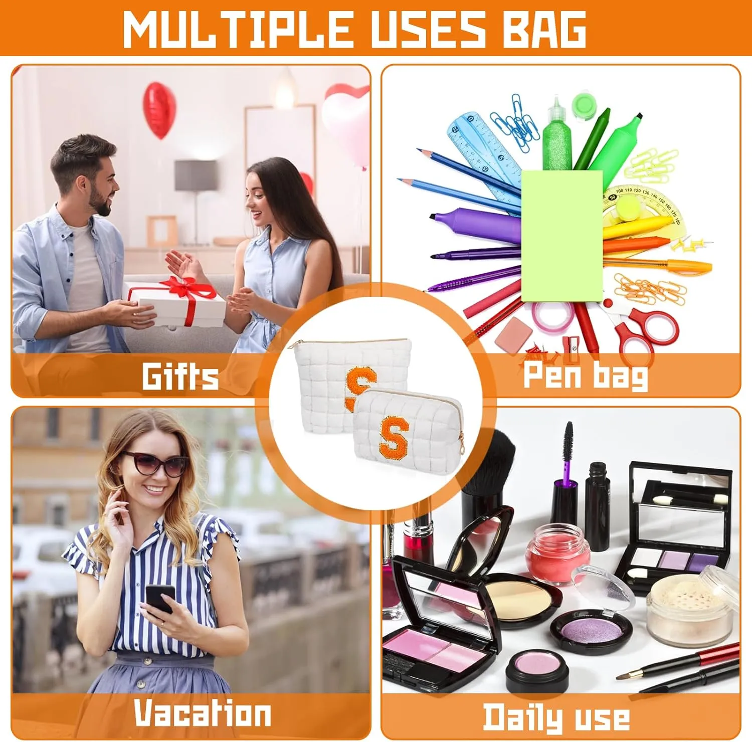 2PCS Initial Checkered Makeup Bag, Quilted Cosmetic Bag, Cute Make up Pouch for Purse, Travel Toiletry Storage Bag for Women Preppy Teen Girls Gift Trendy Stuff Gift (White M)