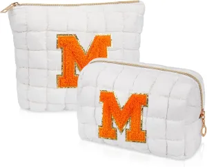 2PCS Initial Checkered Makeup Bag, Quilted Cosmetic Bag, Cute Make up Pouch for Purse, Travel Toiletry Storage Bag for Women Preppy Teen Girls Gift Trendy Stuff Gift (White M)