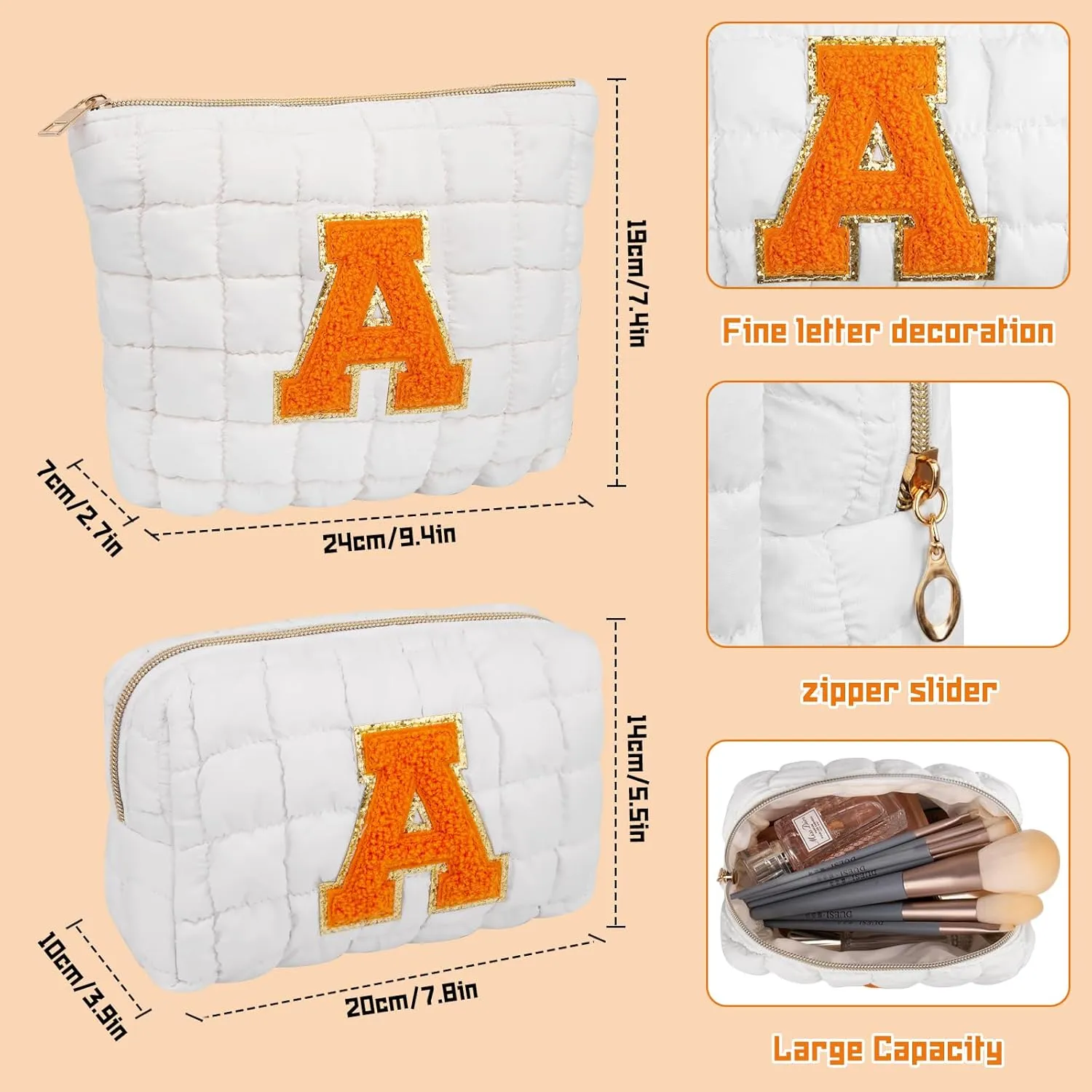 2PCS Initial Checkered Makeup Bag, Quilted Cosmetic Bag, Cute Make up Pouch for Purse, Travel Toiletry Storage Bag for Women Preppy Teen Girls Gift Trendy Stuff Gift (White M)