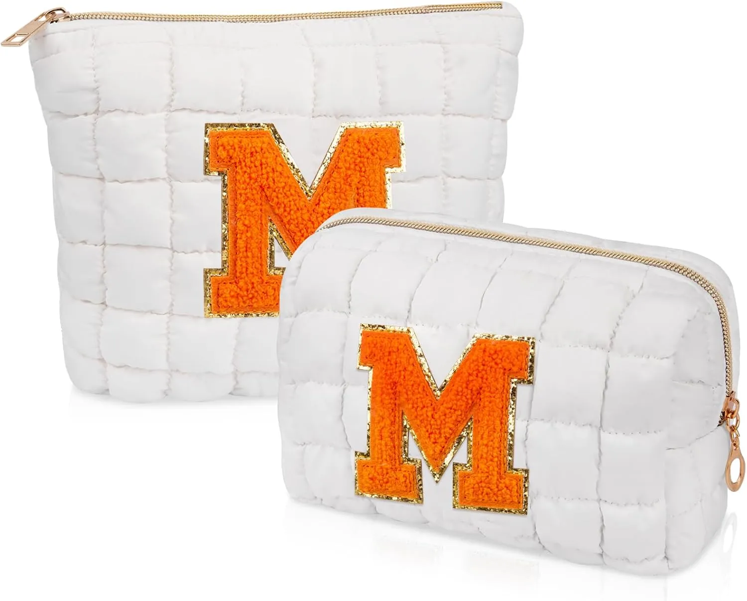 2PCS Initial Checkered Makeup Bag, Quilted Cosmetic Bag, Cute Make up Pouch for Purse, Travel Toiletry Storage Bag for Women Preppy Teen Girls Gift Trendy Stuff Gift (White M)