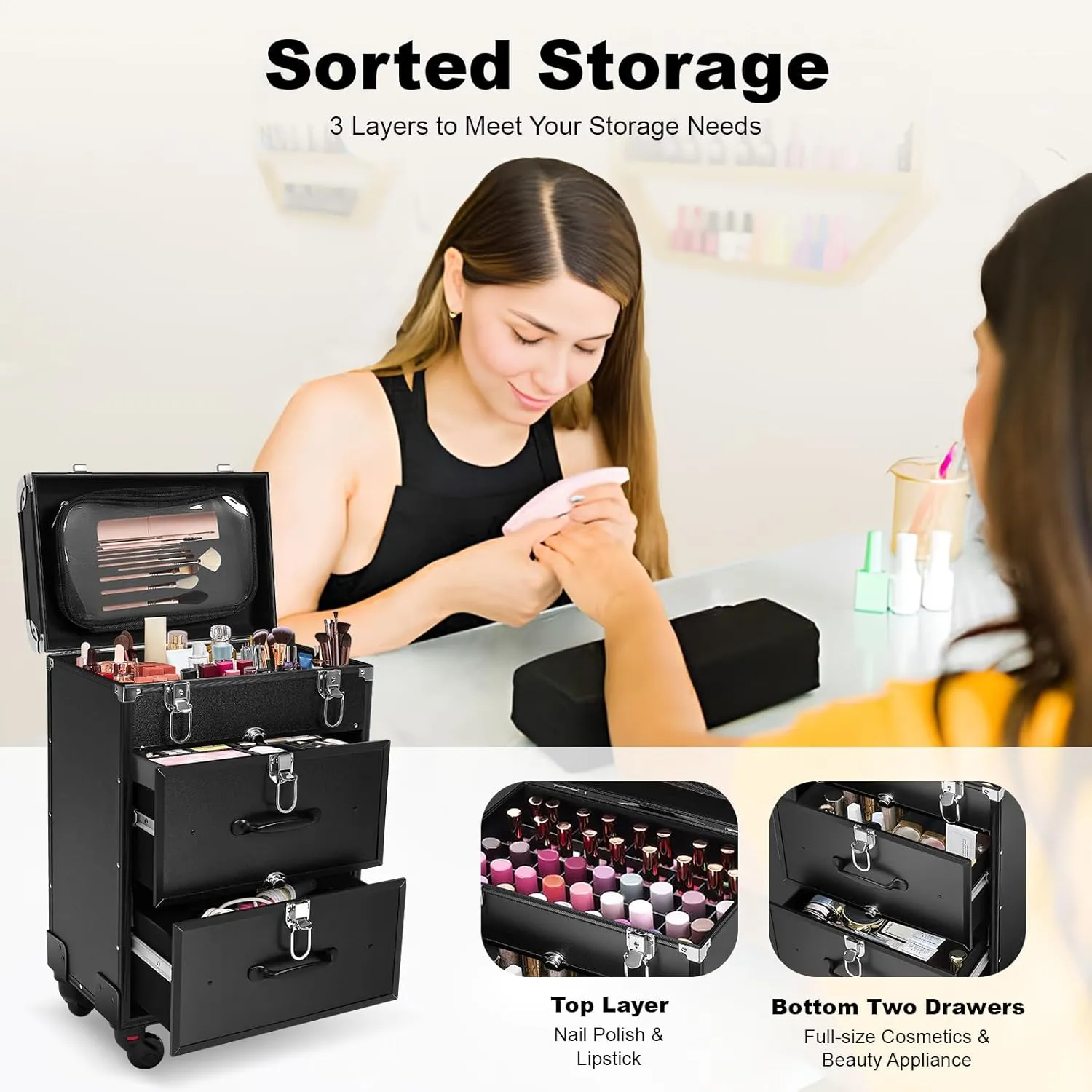 3 Layers Makeup Rolling Train Case, Professional Cosmetic Organizer Box W/ Drawers, Large Cosmetic Trolley W/ Locks, Cosmetics Storage Organizer Make up Case for Travel Makeup/Nail Art (Black)