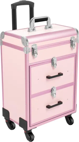 3 Tier Rolling Makeup Train Case Travel Cosmetic Trolley with 360° Rotation Wheels for Professional Salon Barber Traveling Cart Trunk Cosmetic Beauty Storage (Pink)