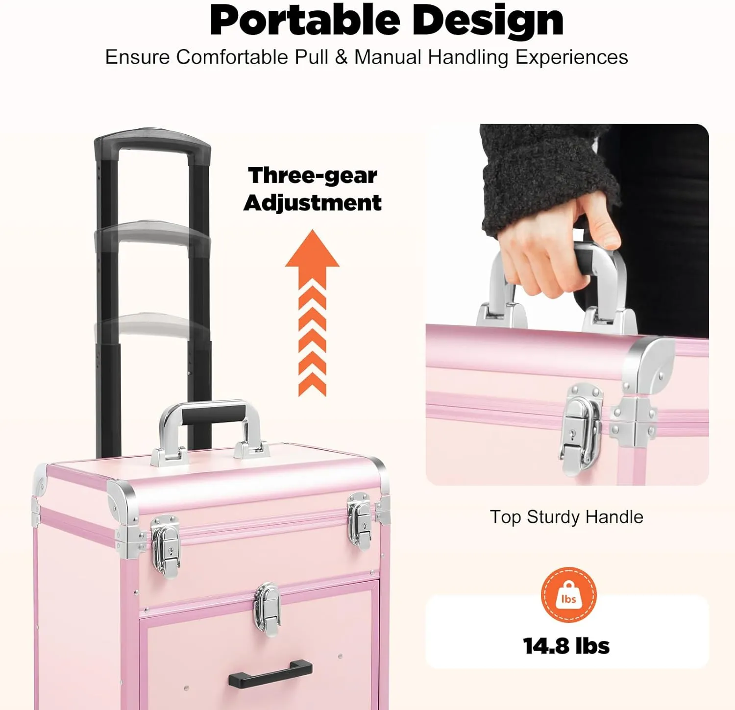3 Tier Rolling Makeup Train Case Travel Cosmetic Trolley with 360° Rotation Wheels for Professional Salon Barber Traveling Cart Trunk Cosmetic Beauty Storage (Pink)
