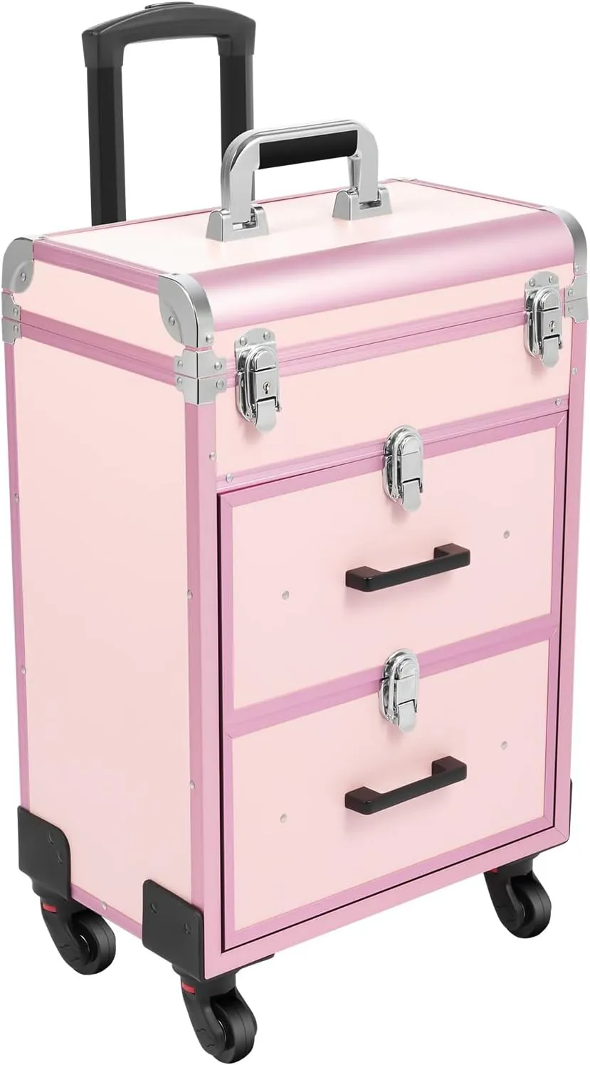 3 Tier Rolling Makeup Train Case Travel Cosmetic Trolley with 360° Rotation Wheels for Professional Salon Barber Traveling Cart Trunk Cosmetic Beauty Storage (Pink)