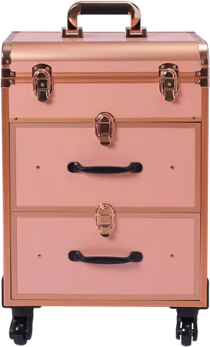 3-Tiers Rolling Makeup Train Case Lockable Makeup Beauty Salon Luggage Hairdressing Trolley Travel Organizer Tool Box for professional make-up artists,hairdressers,14.2*9.1*22.8inch (Gold)