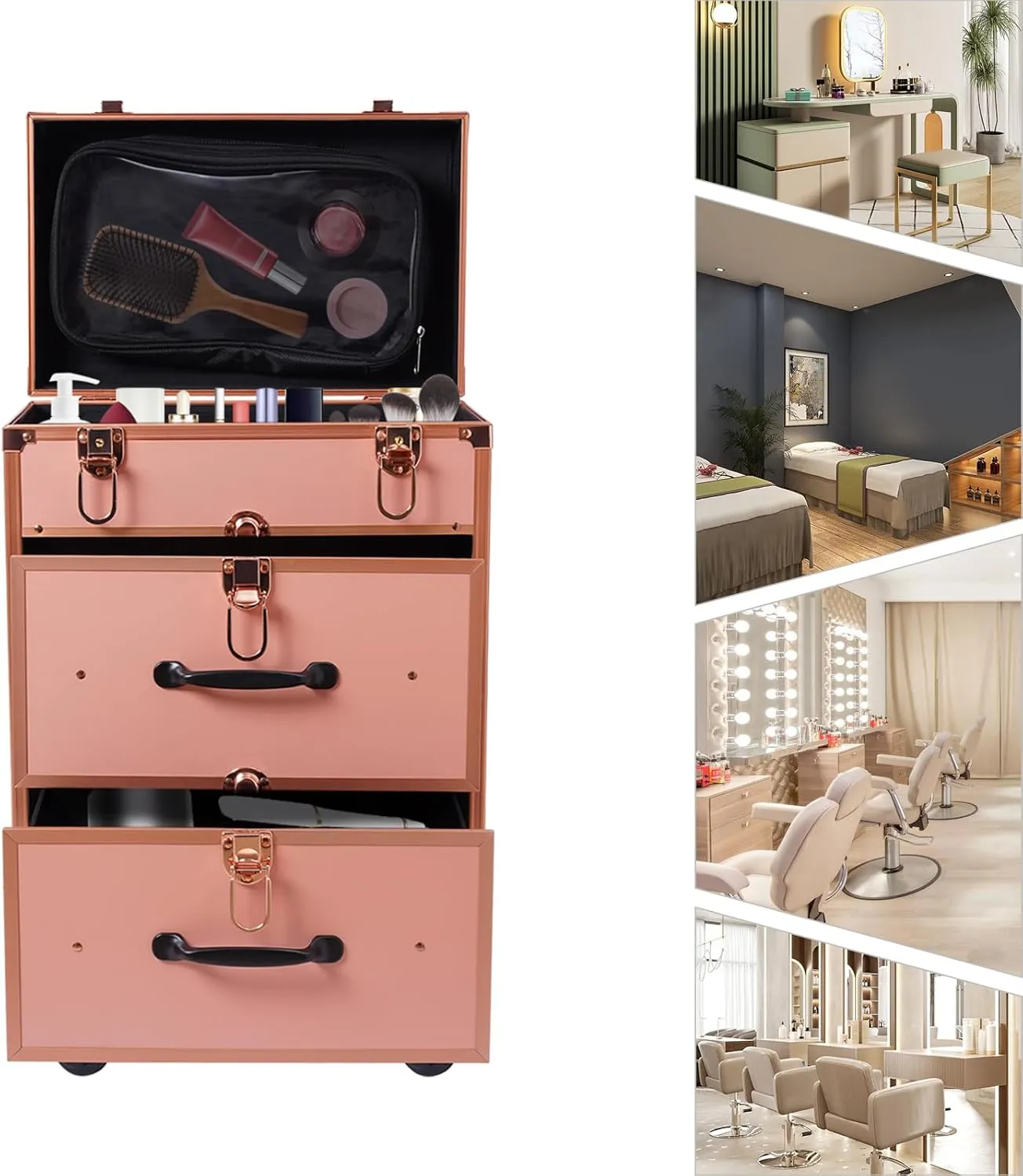3-Tiers Rolling Makeup Train Case Lockable Makeup Beauty Salon Luggage Hairdressing Trolley Travel Organizer Tool Box for professional make-up artists,hairdressers,14.2*9.1*22.8inch (Gold)