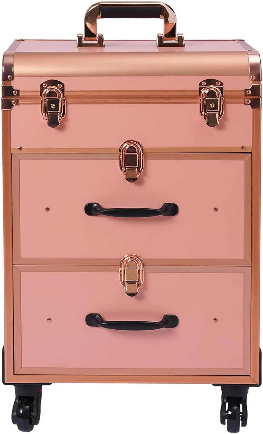 3-Tiers Rolling Makeup Train Case Lockable Makeup Beauty Salon Luggage Hairdressing Trolley Travel Organizer Tool Box for professional make-up artists,hairdressers,14.2*9.1*22.8inch (Gold)