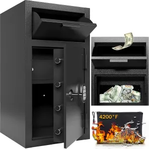 4 CUB Commercial Front-Drop Safe Box Fireproof Waterproof, Money Safe Box with Anti-Fishing & Free Fireproof Bag for Home, Office, Jewelry, Documents