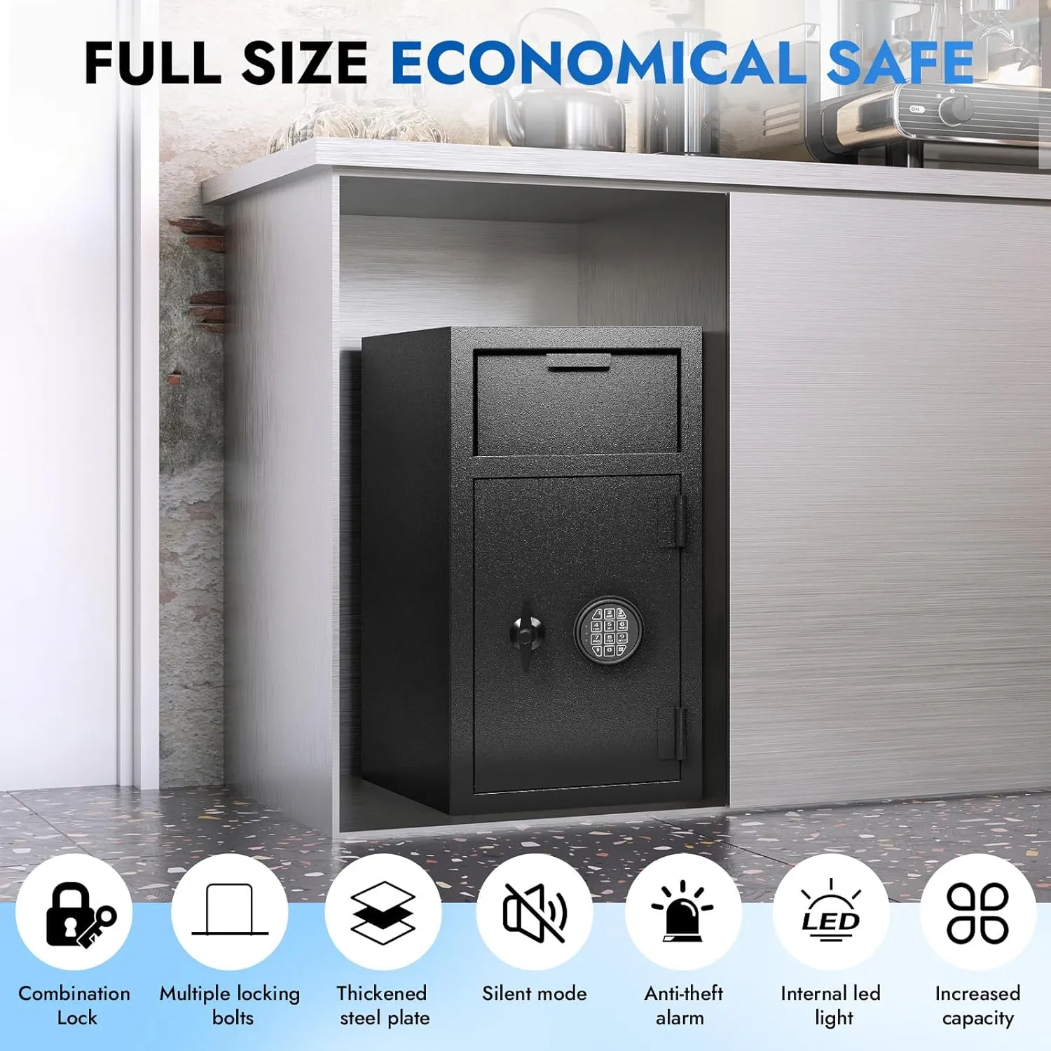 4 CUB Commercial Front-Drop Safe Box Fireproof Waterproof, Money Safe Box with Anti-Fishing & Free Fireproof Bag for Home, Office, Jewelry, Documents