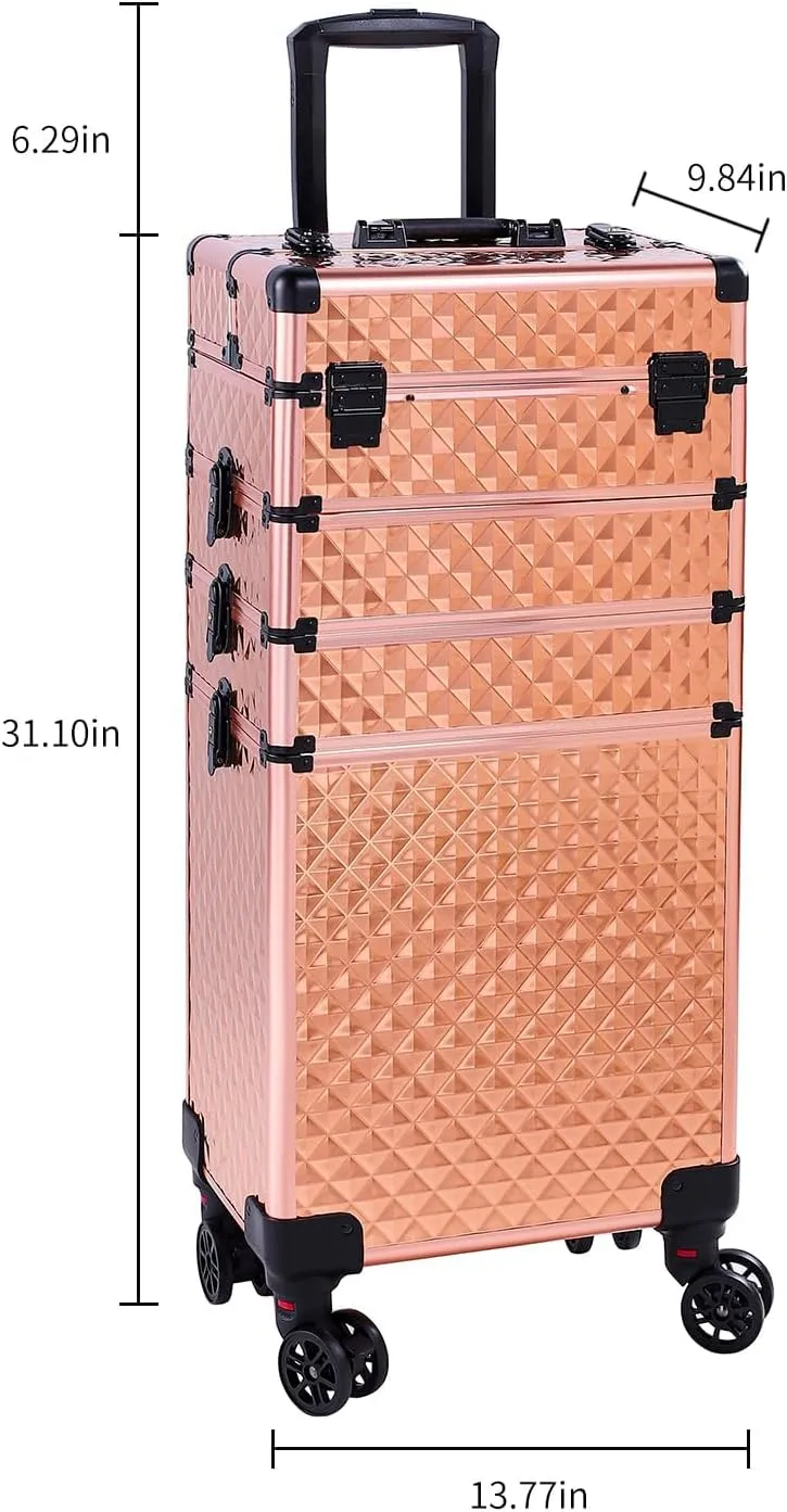 4 in 1 Aluminum Rolling Makeup Trolley Case,Professional Aluminum Rolling Cosmetic Trolley Train Case,Portable Makeup Organizer Suitcase,with Wheels,for Nail Tech Hairstylist Barber (Rose Gold)