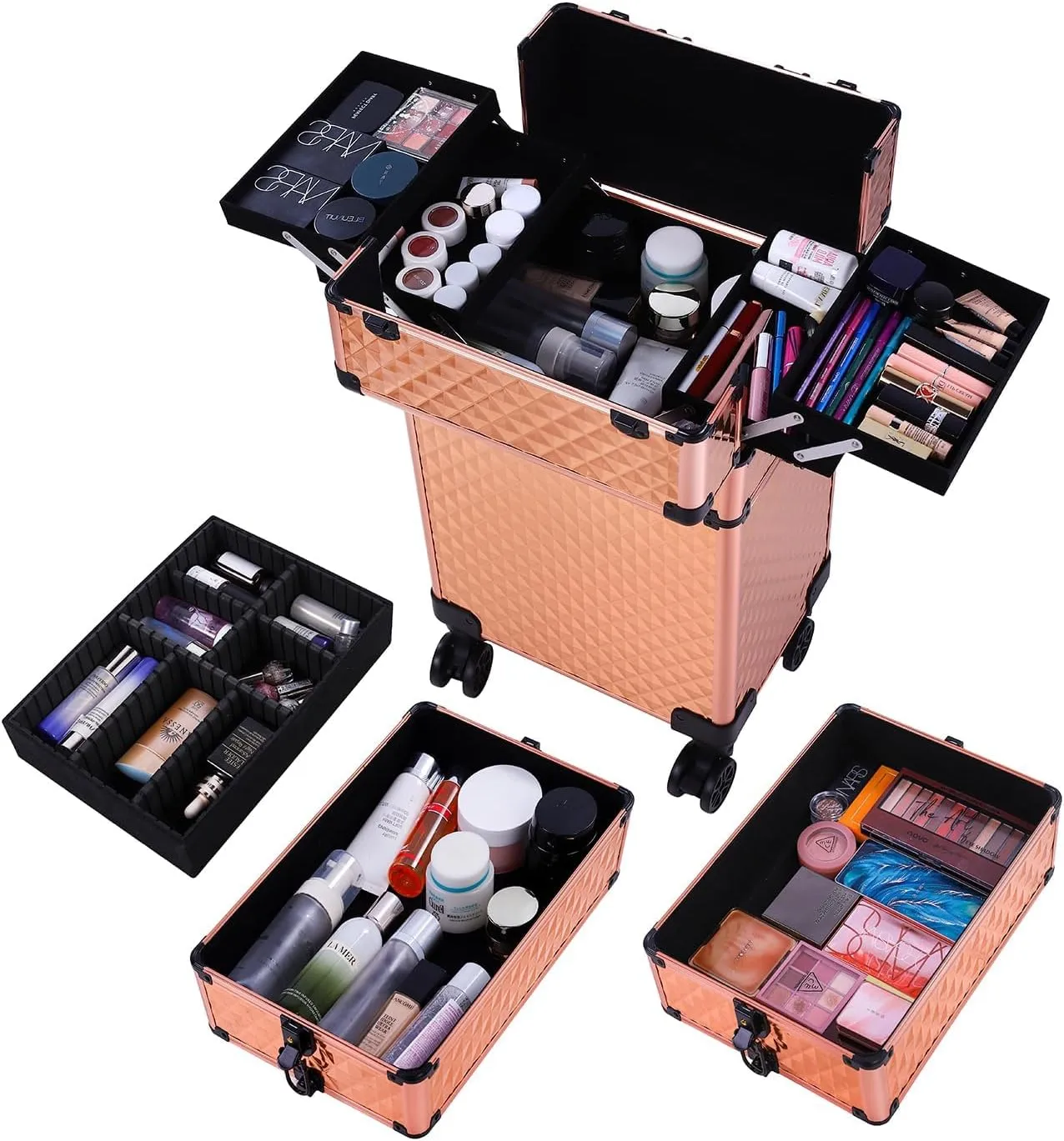 4 in 1 Aluminum Rolling Makeup Trolley Case,Professional Aluminum Rolling Cosmetic Trolley Train Case,Portable Makeup Organizer Suitcase,with Wheels,for Nail Tech Hairstylist Barber (Rose Gold)