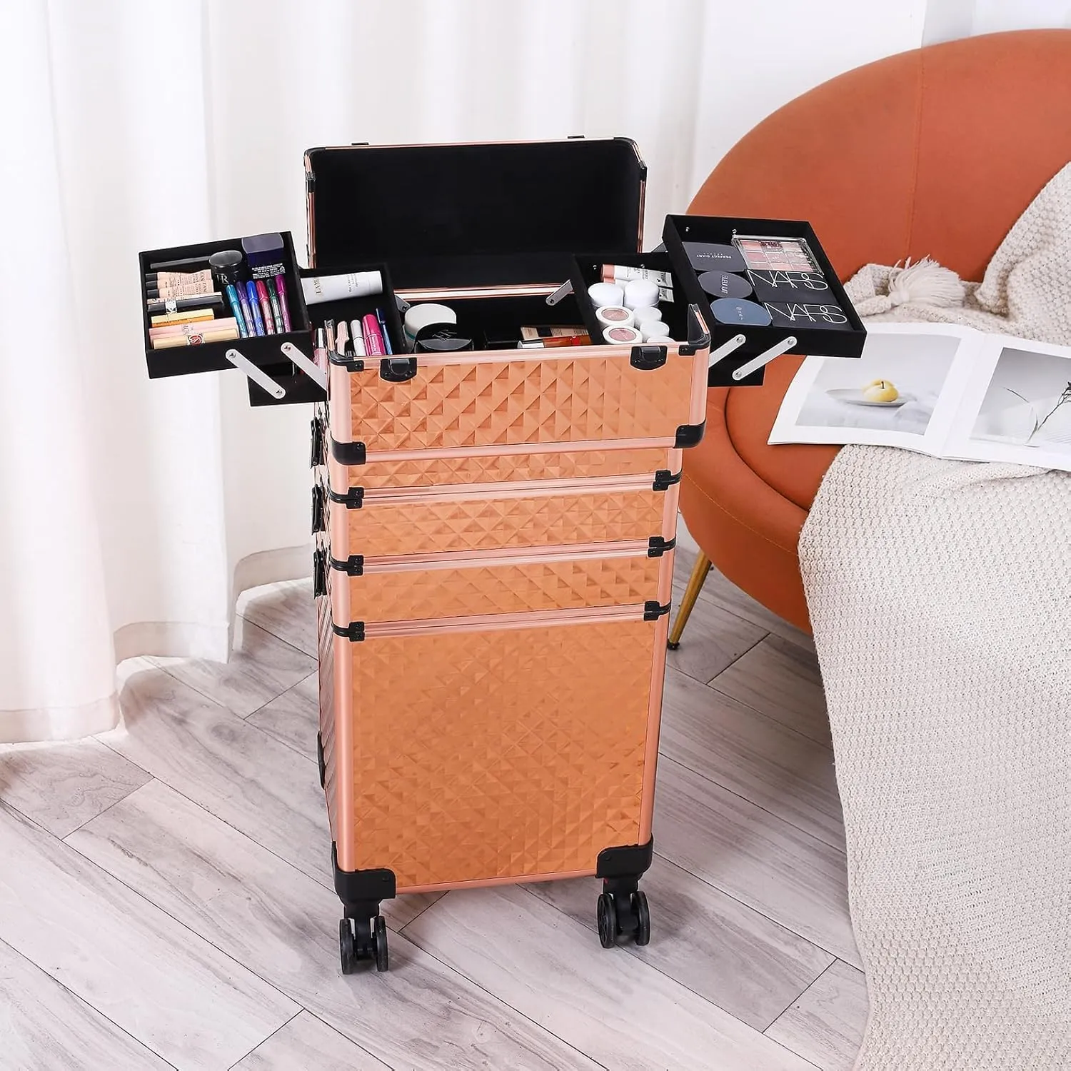 4 in 1 Aluminum Rolling Makeup Trolley Case,Professional Aluminum Rolling Cosmetic Trolley Train Case,Portable Makeup Organizer Suitcase,with Wheels,for Nail Tech Hairstylist Barber (Rose Gold)