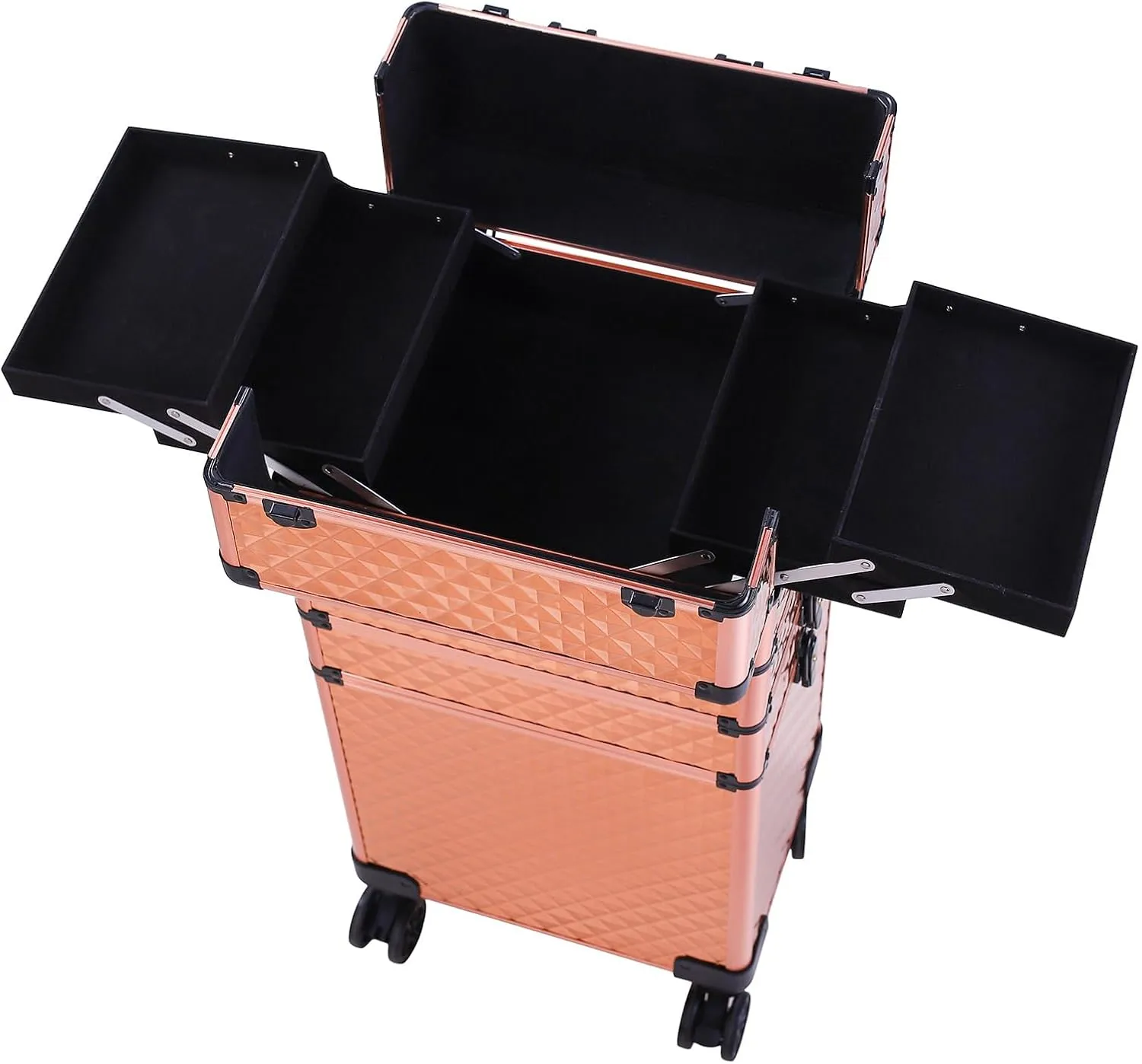 4 in 1 Aluminum Rolling Makeup Trolley Case,Professional Aluminum Rolling Cosmetic Trolley Train Case,Portable Makeup Organizer Suitcase,with Wheels,for Nail Tech Hairstylist Barber (Rose Gold)