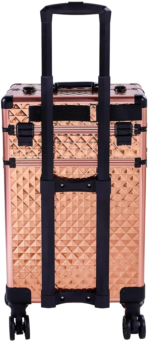 4 in 1 Aluminum Rolling Makeup Trolley Case,Professional Aluminum Rolling Cosmetic Trolley Train Case,Portable Makeup Organizer Suitcase,with Wheels,for Nail Tech Hairstylist Barber (Rose Gold)