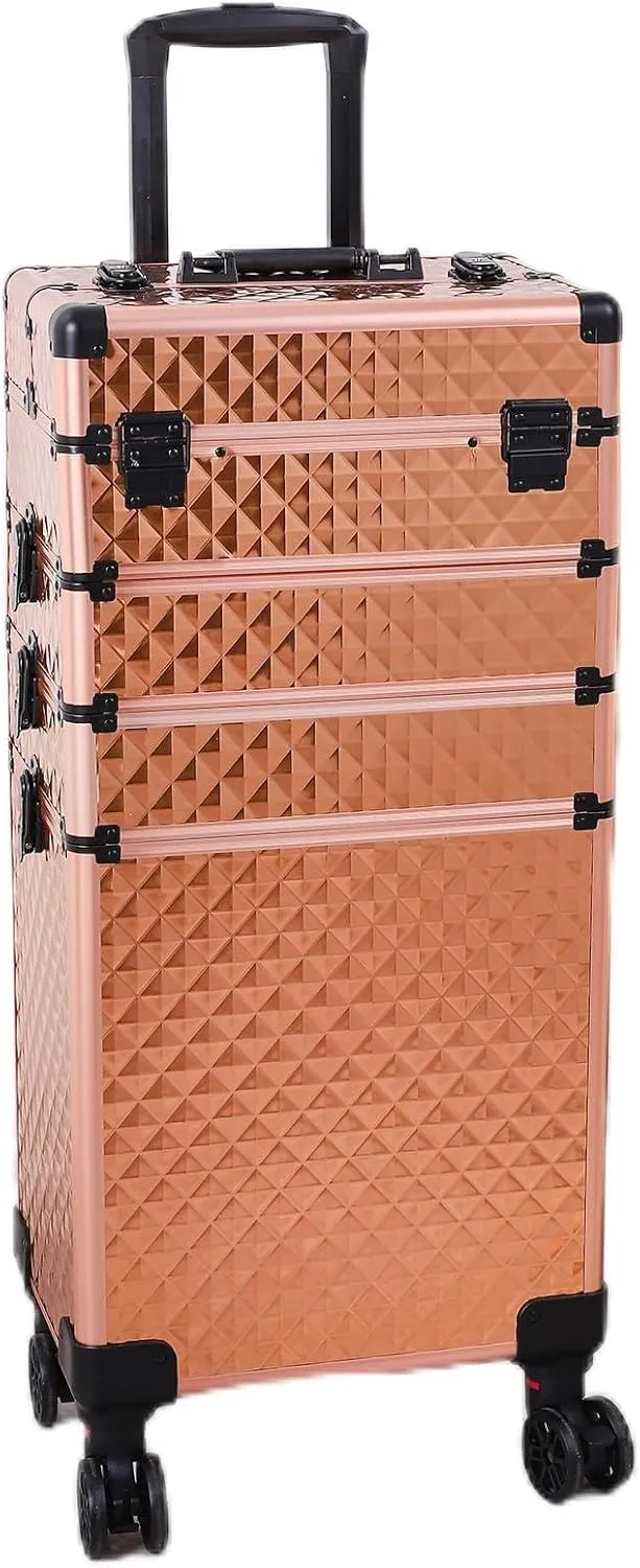 4 in 1 Aluminum Rolling Makeup Trolley Case,Professional Aluminum Rolling Cosmetic Trolley Train Case,Portable Makeup Organizer Suitcase,with Wheels,for Nail Tech Hairstylist Barber (Rose Gold)