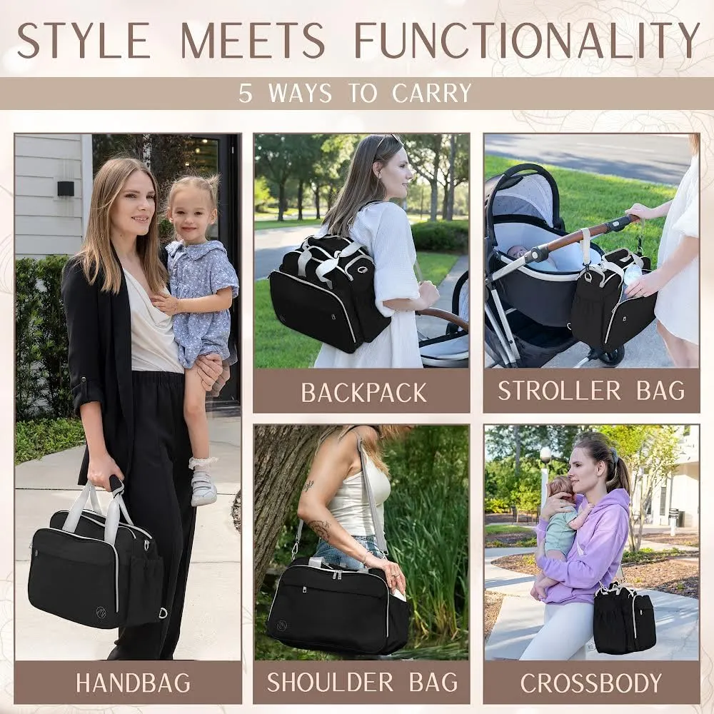 4 in 1 Convertible Diaper Bag Tote For Baby Boys and Girls - Converts Into Diaper Backpack, Baby Tote, Stroller Bag and Crossbody Diaper Bag - Black Baby Travel Bag - Gift for Mom