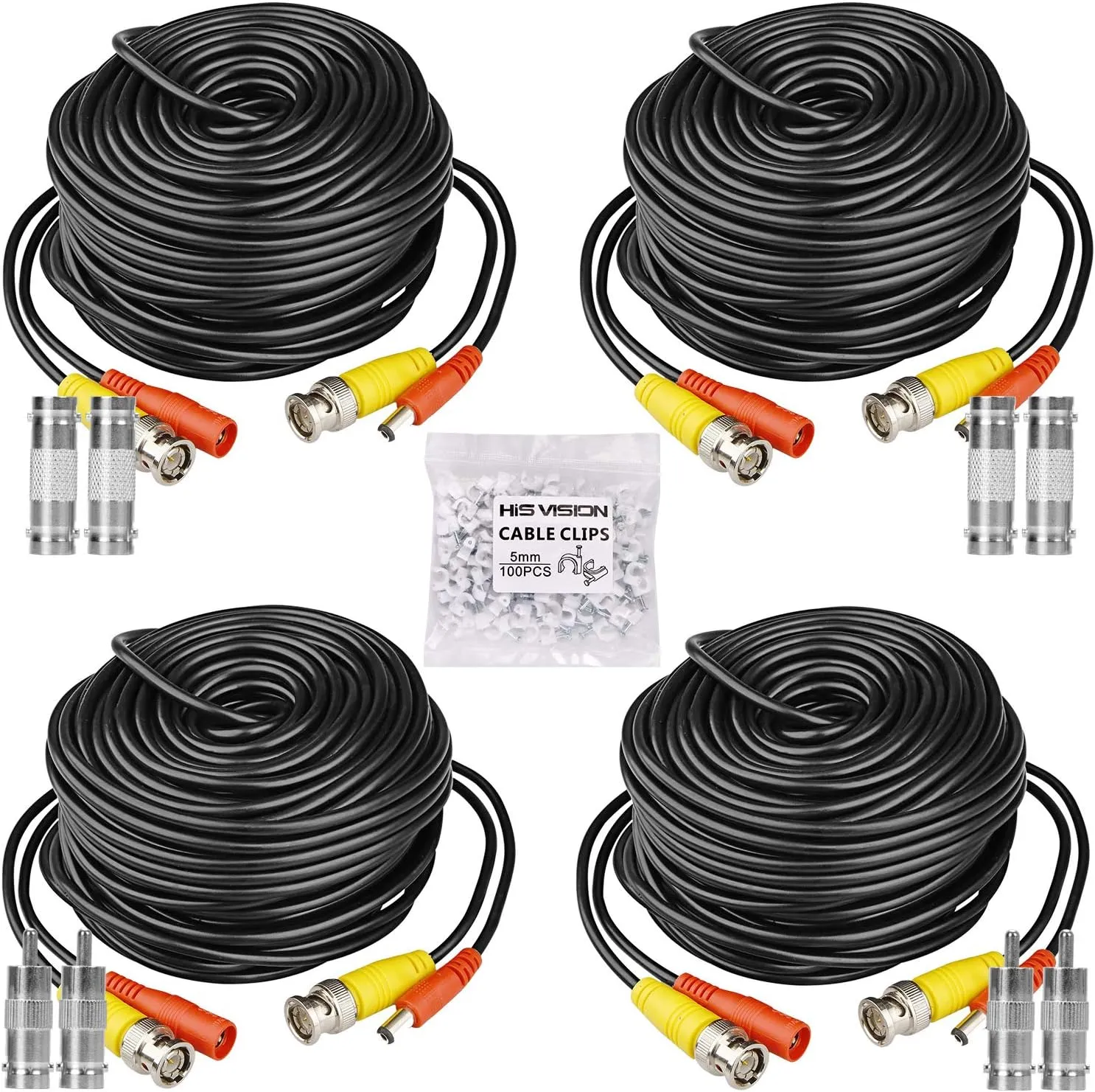4 Pack 100ft BNC Video Power Cable, Security Camera Wire Cord Extension Cable, 8pcs BNC Connectors and 100pcs Clips for Surveillance System